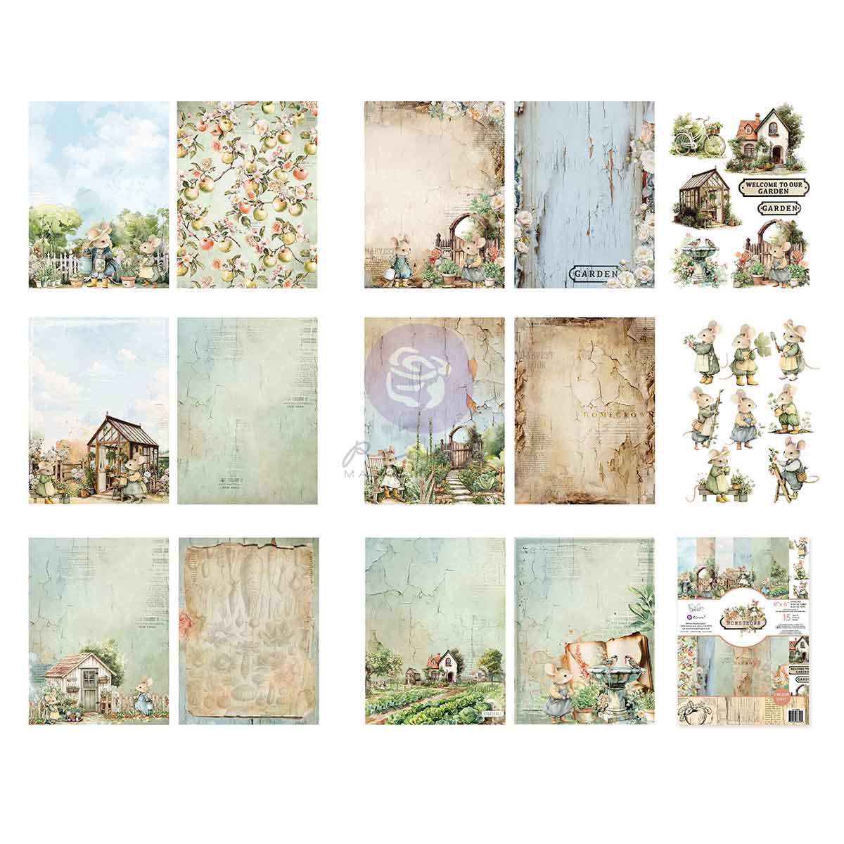 Prima - Homegrown Collection 6×8 Paper Pad – 15 sheets – 6 double sided designs x 2 sheets each + 2 cut-out sheets + 1 vellum sheet