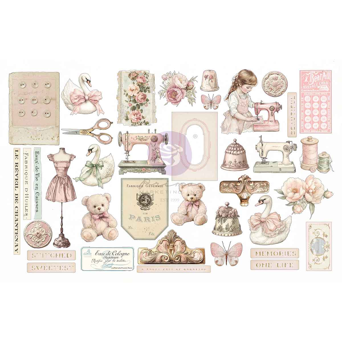 Prima - Buttons & Keepsakes Collection Ephemera – Stitched Clippings – 76 pcs w/ foil detail