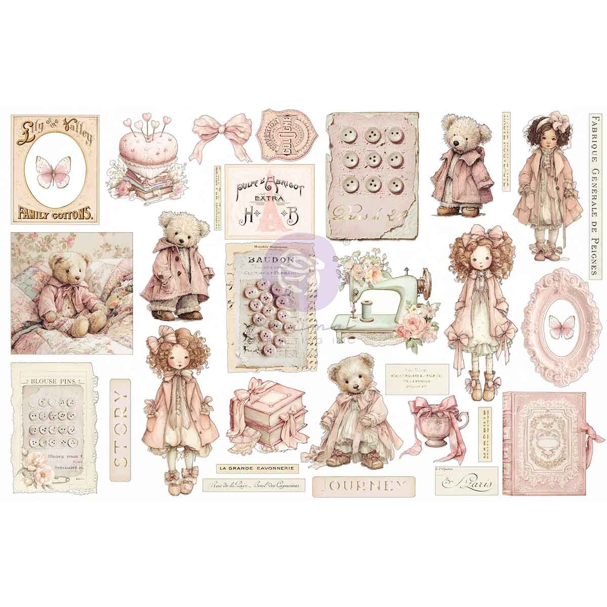 Prima - Buttons & Keepsakes Collection Ephemera – Quilted Memories – 64 pcs w/ foil detail