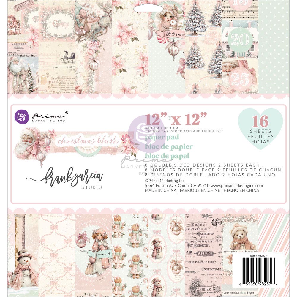 Prima -Christmas Blush Collection 12×12 Paper Pad – 16 sheets – 8 double sided designs w/ foil details x 2 sheets eac