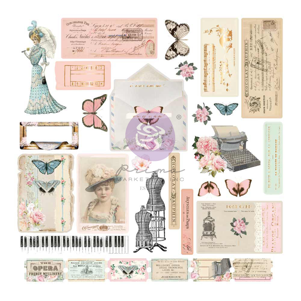 Prima -French Blue Ephemera Junk Journal Bits 60pcs with foil detail