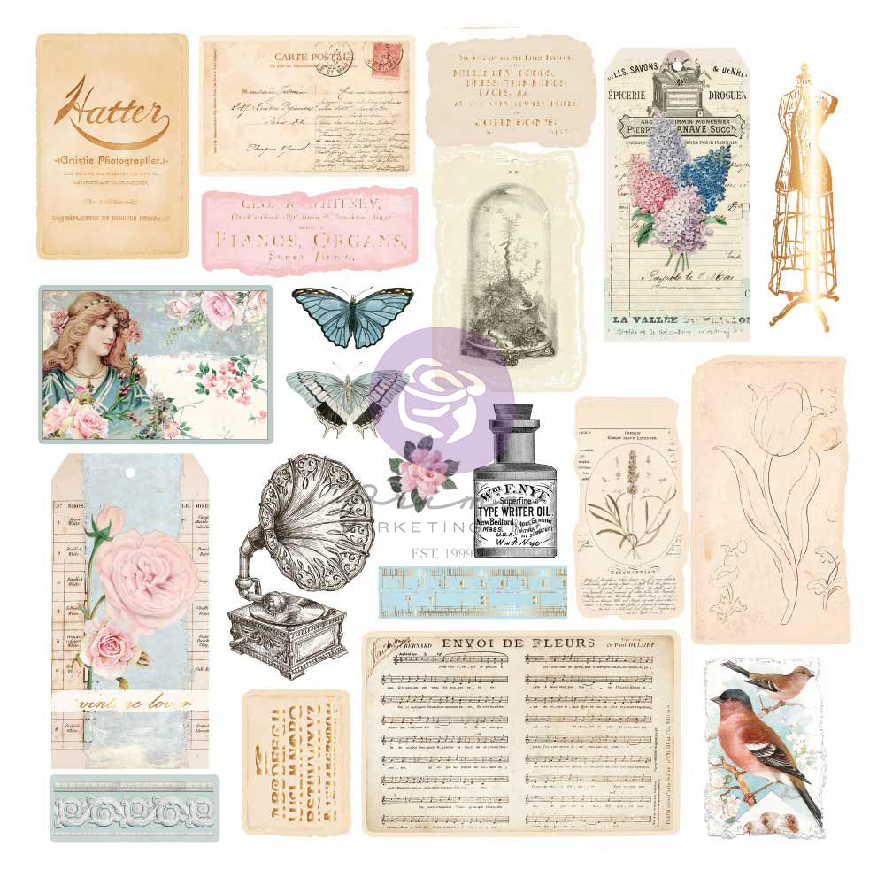 Prima -French Blue Ephemera 42pcs with foil detail