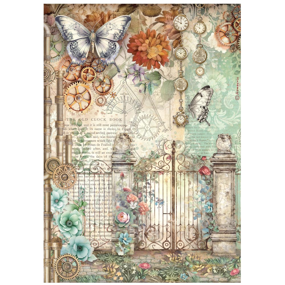 Stamperia - Rice Paper - 21cm x 29.7cm - A4 - Gardens of Time - gate and butterfly