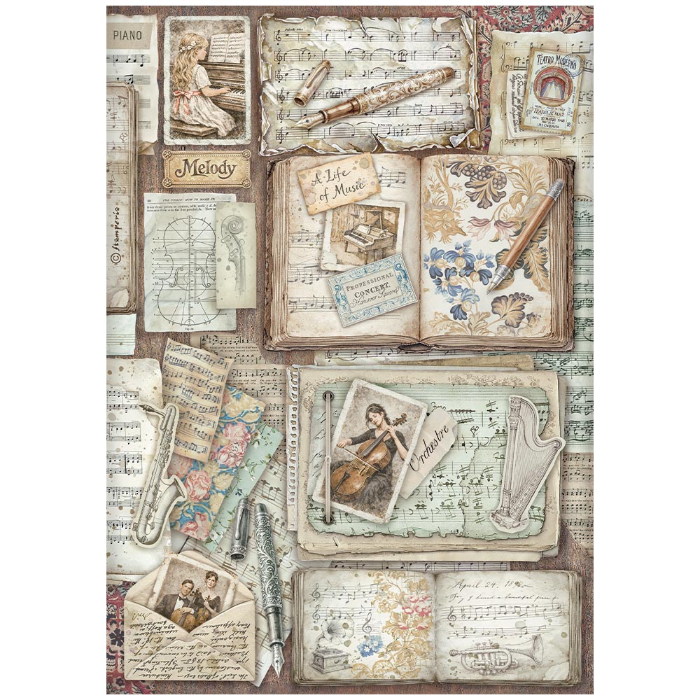 Stamperia - Rice Paper - 21cm x 29.7cm - A4 - Symphony letters and books