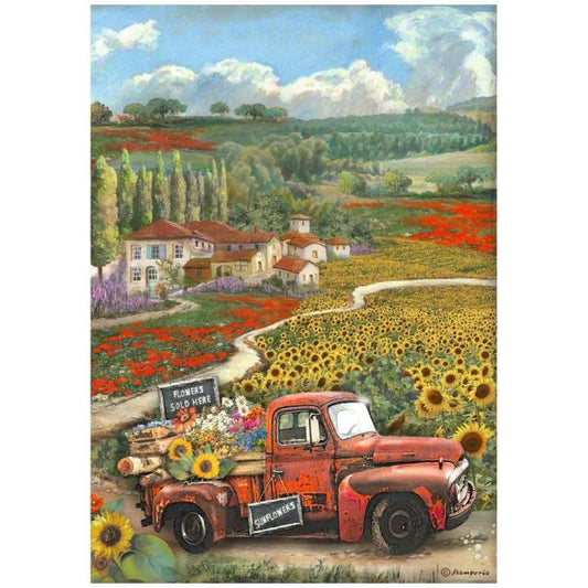 Stamperia  - Rice Paper -  21cm x 29.7cm - A4 - Sunflower Art Vintage Car