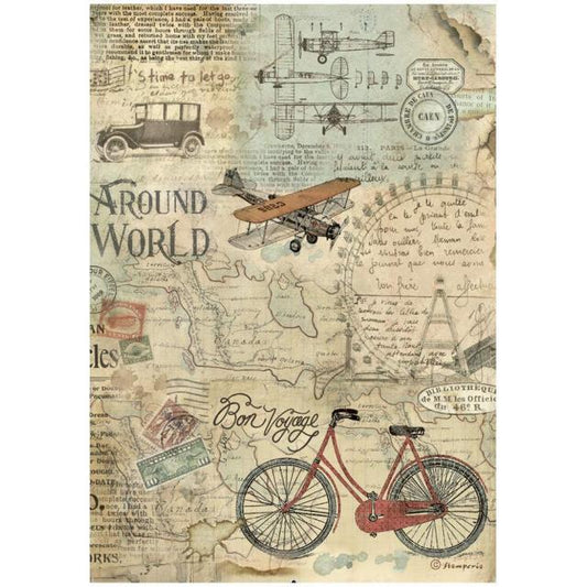 Stamperia  - Rice Paper -  21cm x 29.7cm - A4 -   Around the World - Bicycle