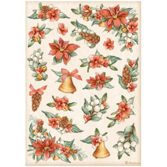 Stamperia  - Rice Paper -  21cm x 29.7cm - A4 -  All Around Christmas - poinsettia and bells