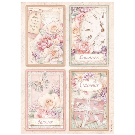 Stamperia  - Rice Paper -  21cm x 29.7cm - A4 -  Romance Forever - 4 Cards
