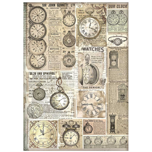 Stamperia  - Rice Paper -  21cm x 29.7cm - A4 -   Brocante Antiques clocks