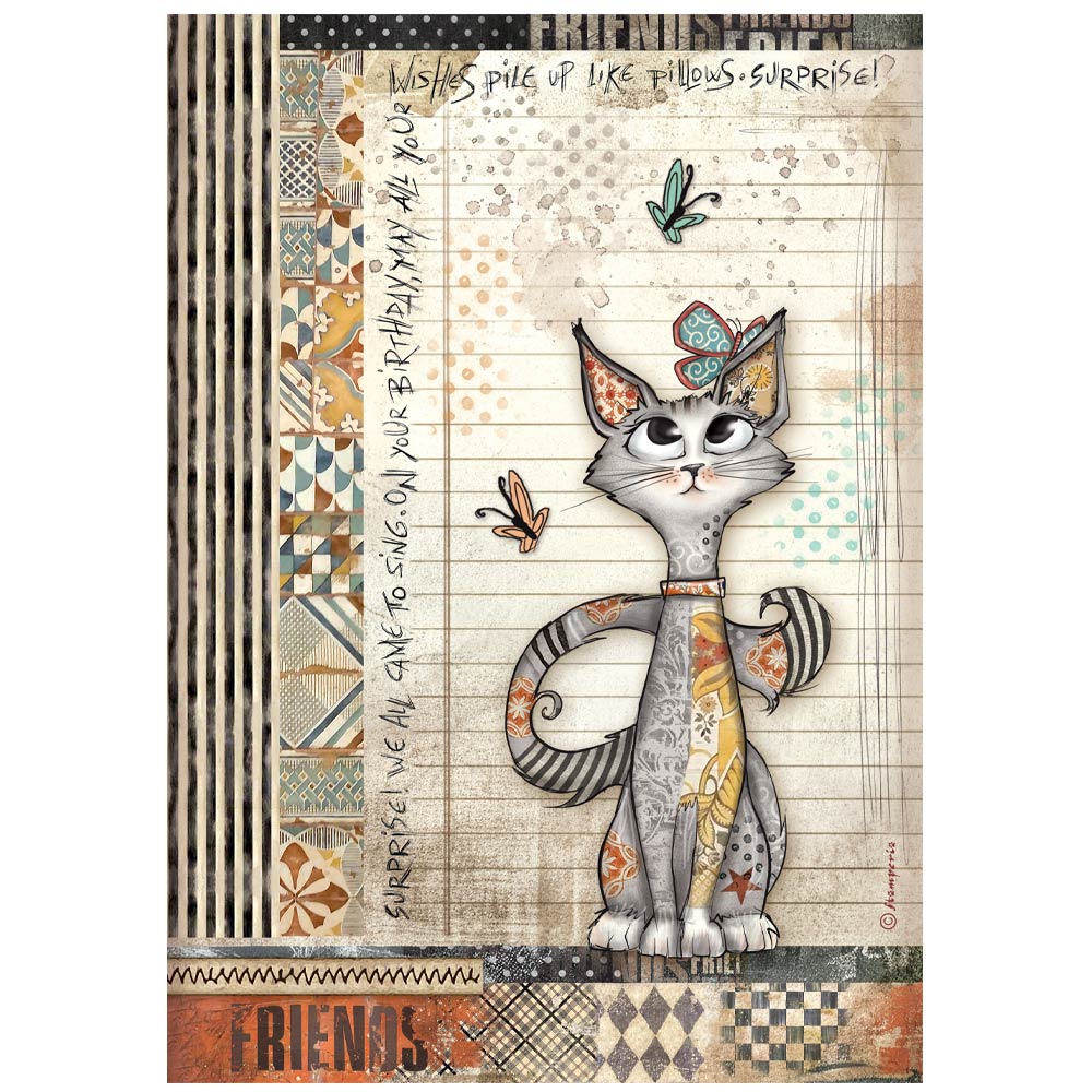 Stamperia - Rice Paper - 21cm x 29.7cm - A4 -Furry Friends cat and butterfly
