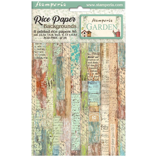 Stamperia  - Pack of 8 Rice papers -  4.14cm x 5.83 cm - Backgrounds A6 - Garden