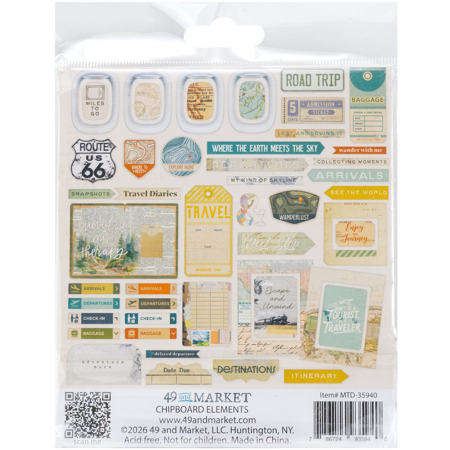 49 and Market - Chipboard Bits 48 Pieces - Travel Diaries