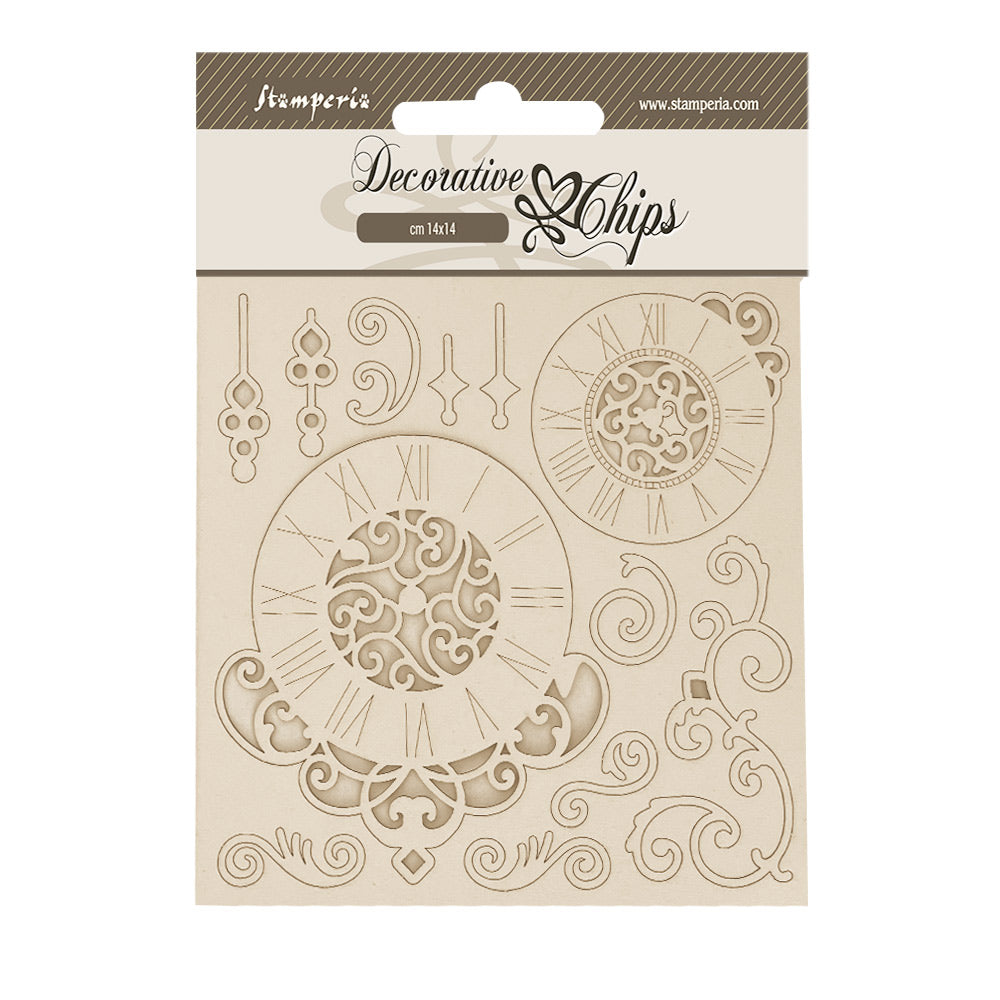 Stamperia - Decorative Chips - 14 X 14 cm - Quiet Days clock & swirls