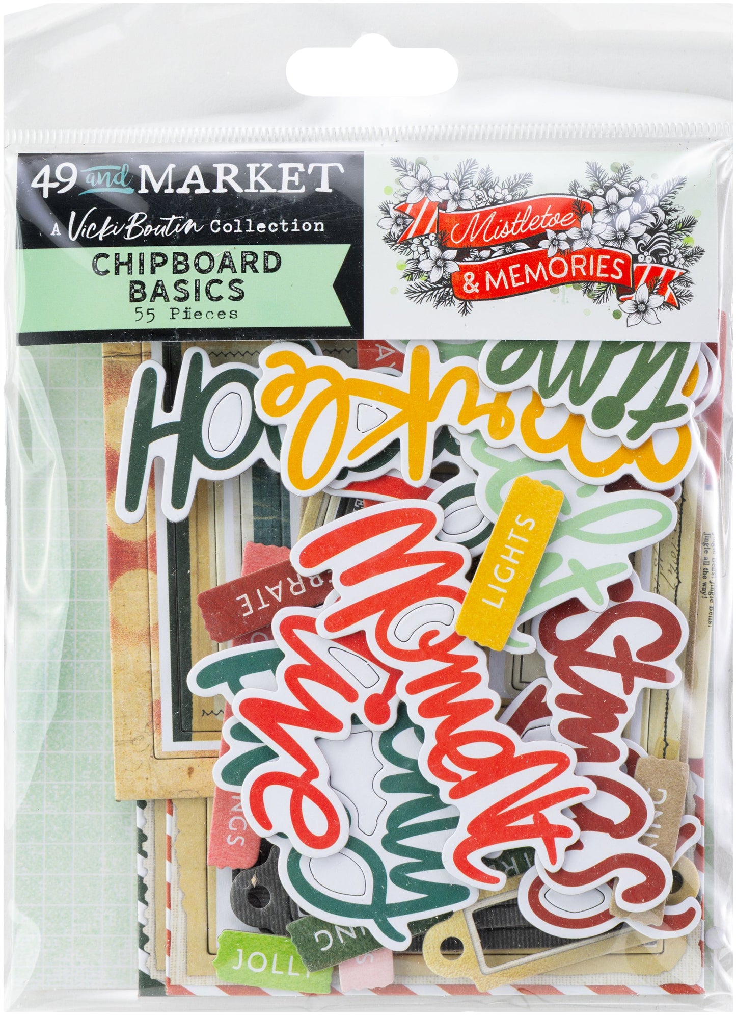 49 and Market - Mistletoe & Memories - Chipboard Basics - 55 pieces