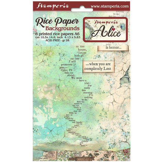 Stamperia  - Pack of 8 Rice papers -  4.14cm x 5.83 cm - A6 -  Alice Forever