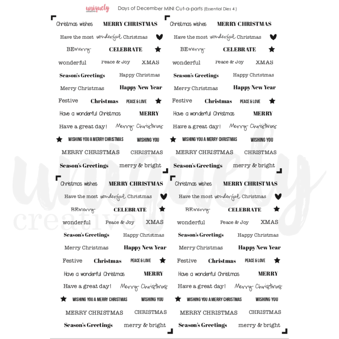 Uniquely Creative - Days of December Mini Cut - Part Sheet