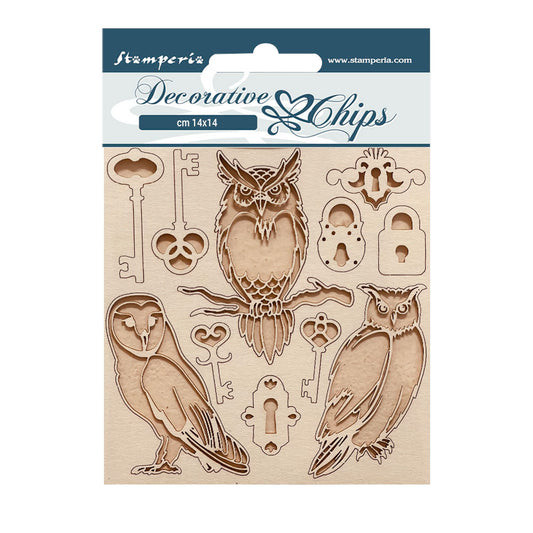 Stamperia - Decorative Chips -  14 X 14 cm - Vintage Library Keys and owls