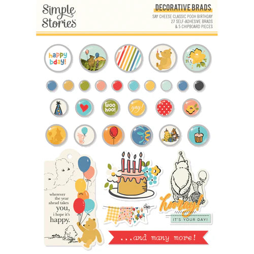 Simple Stories - Say Cheese Classic Pooh Birthday Adhesive Brads & Chipboard Pieces