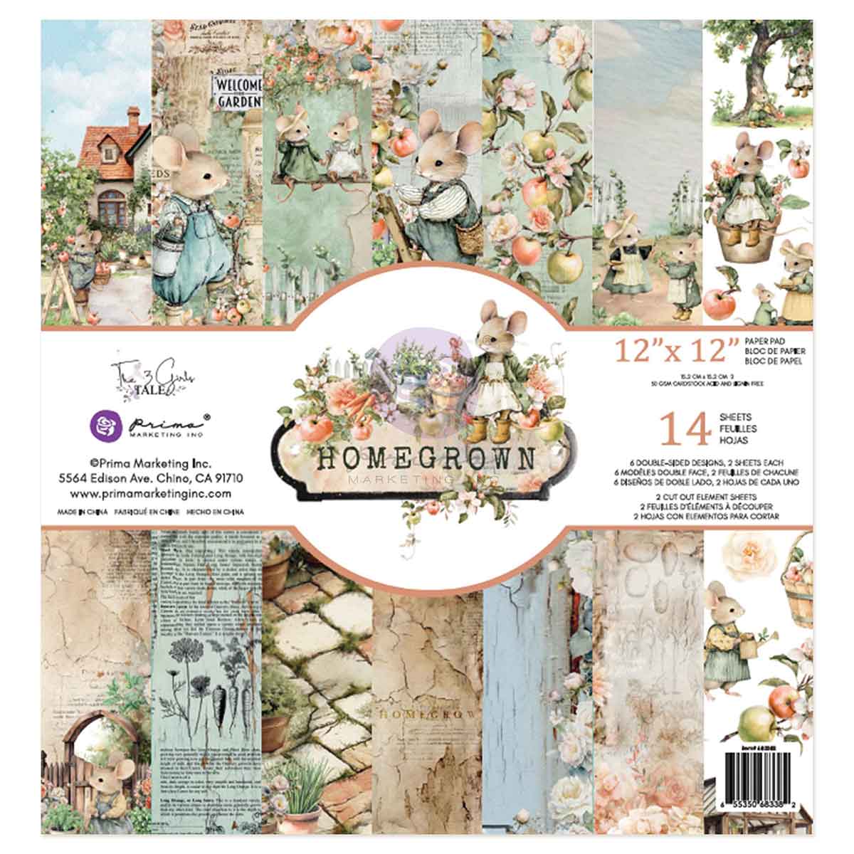 Prima - Homegrown Collection 12×12 Paper Pad – 14 sheets – 6 double sided designs x 2 sheets each + 2 cut-out sheets