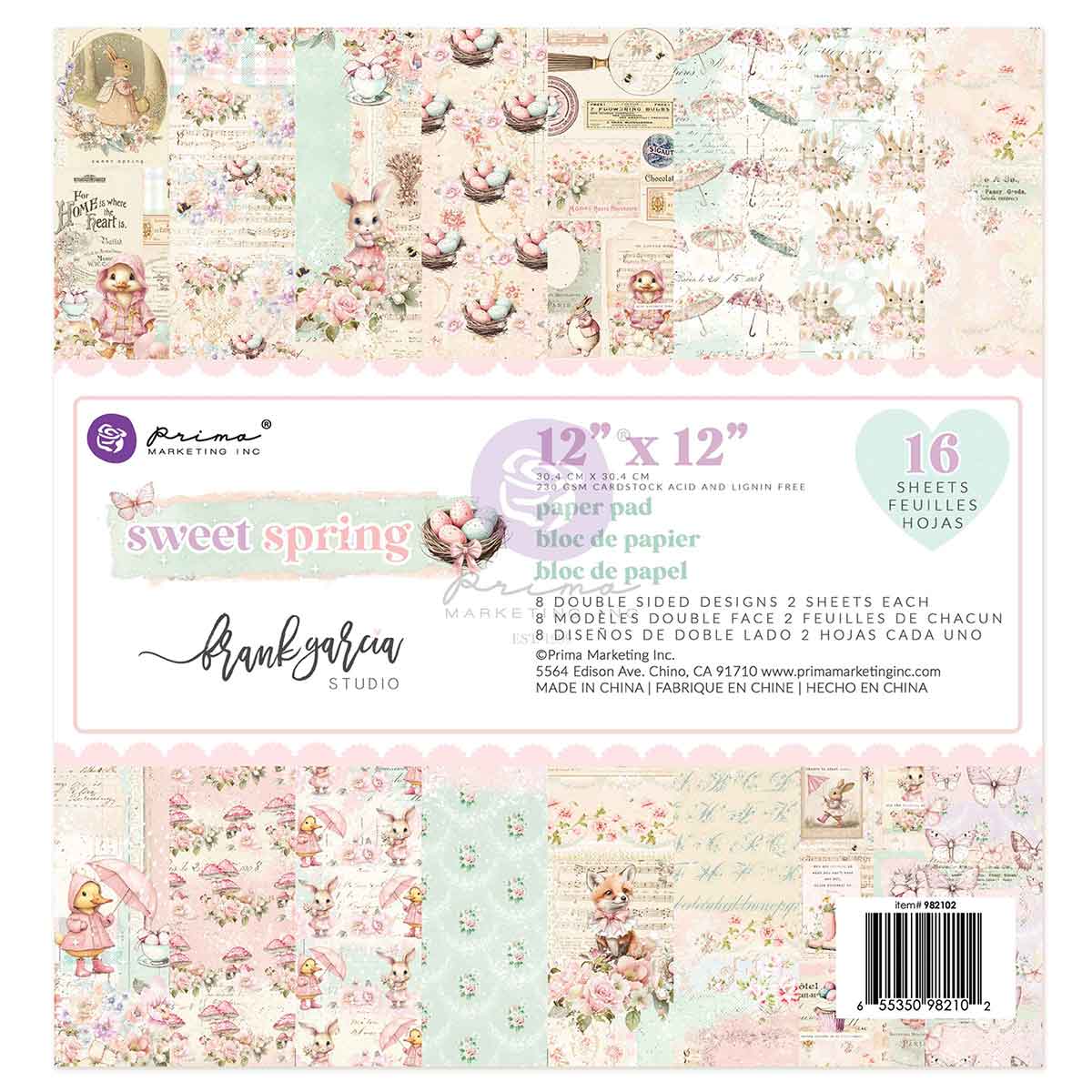 Prima - Sweet Spring Collection 12×12 Paper Pad – 16 sheets – 8 double sided designs w/ foil accents x 2 sheets each