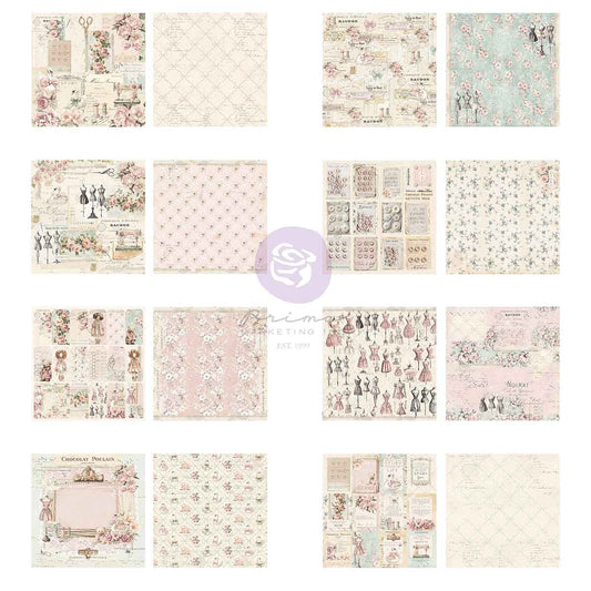 Prima - Buttons & Keepsakes Collection 12×12 Paper Pad – 16 sheets – 8 double sided designs w/ foil detail x 2 sheets each