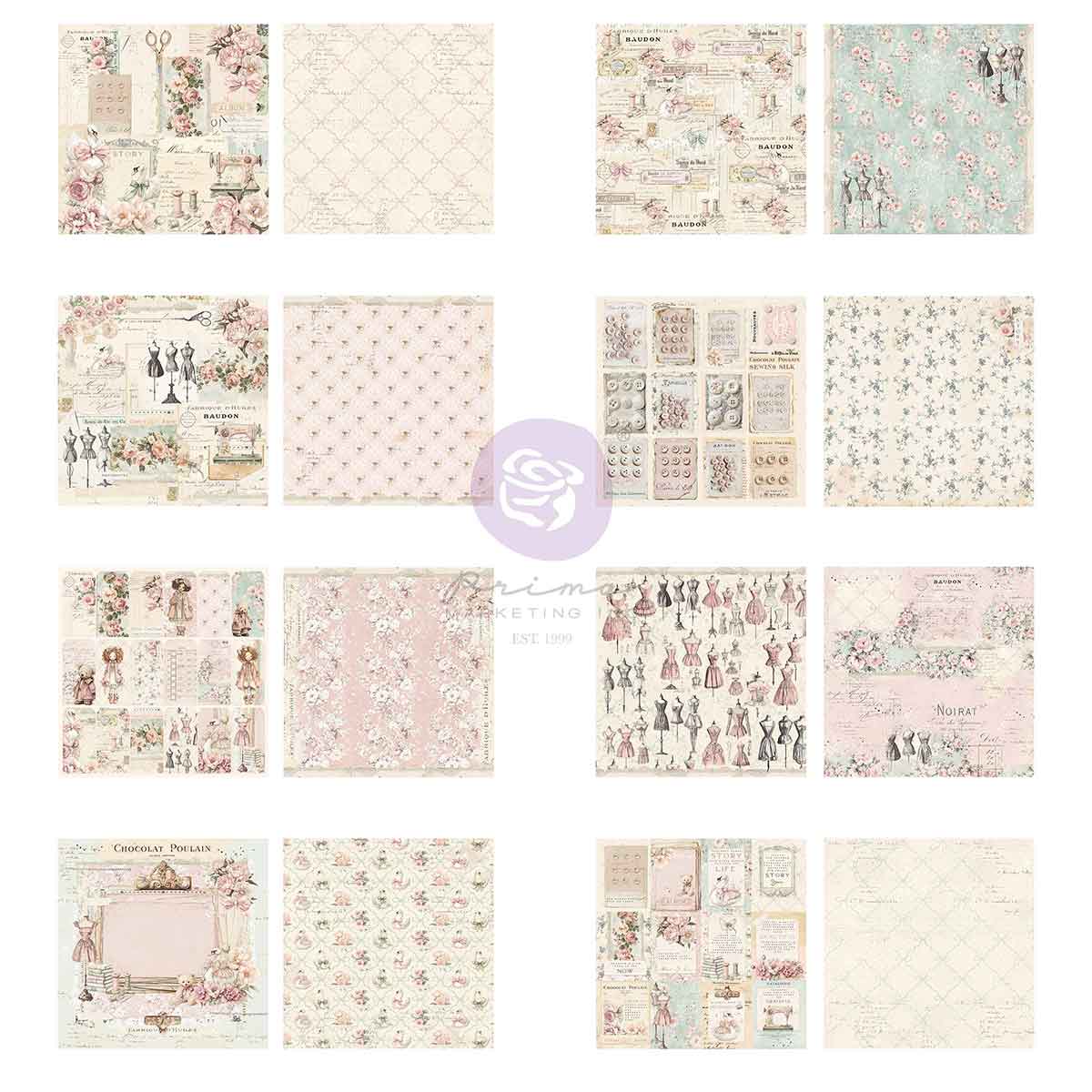 Prima -Buttons & Keepsakes Collection 8×8 Paper Pad – 32 sheets – 8 double-sided designs x 4 sheets each