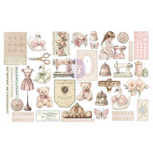Prima - Buttons & Keepsakes Collection Ephemera – Stitched Clippings – 76 pcs w/ foil detail