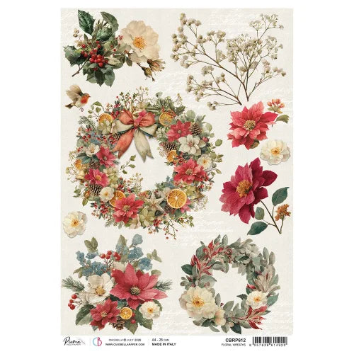 CIAO BELLA  -  A4 - Piuma Rice Paper - Merry & Bright Rice Paper A4 Floral Wreaths