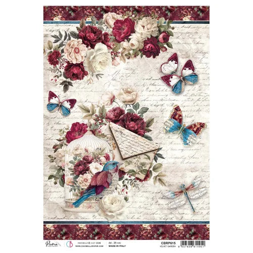 CIAO BELLA  -  A4 - Piuma Rice Paper - Bohemian Burgundy Rice Paper A4 Velvet Garden