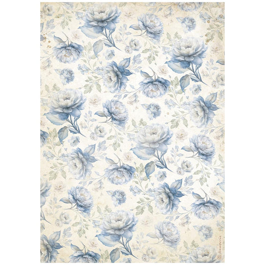 Stamperia  - Rice Paper -  21cm x 29.7cm - A4 - Timeless Blue flowers pattern