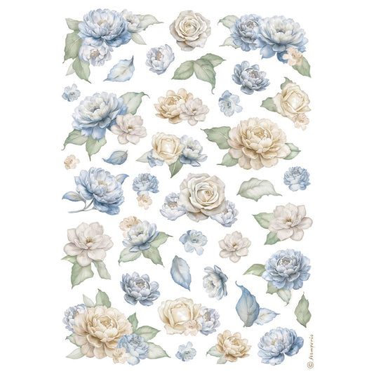 Stamperia  - Rice Paper -  21cm x 29.7cm - A4 - Timeless roses and blue flower pattern