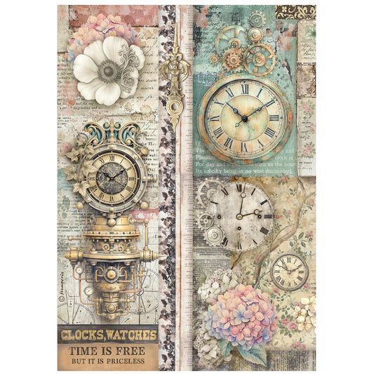 Stamperia  - Rice Paper -  21cm x 29.7cm - A4 - Gardens of Time n- Clocks time is free