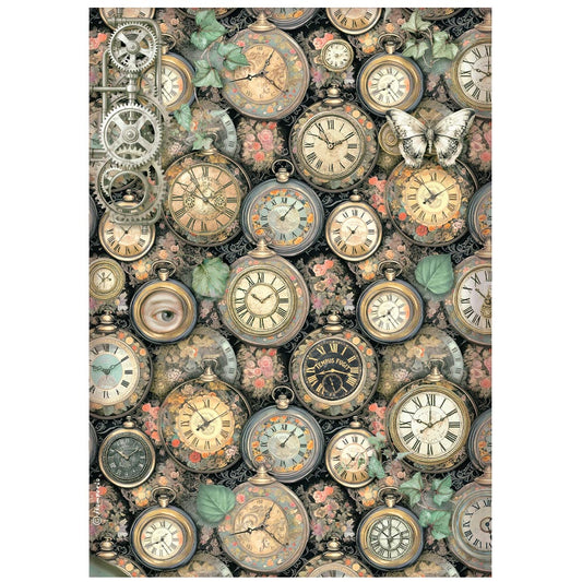 Stamperia  - Rice Paper -  21cm x 29.7cm - A4 - Gardens of Time - clock pattern