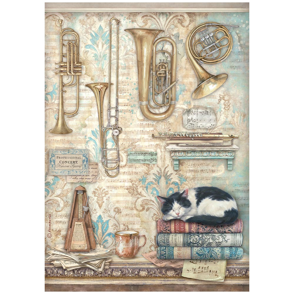 Stamperia  - Rice Paper -  21cm x 29.7cm - A4 - Symphony Trumpets and cat