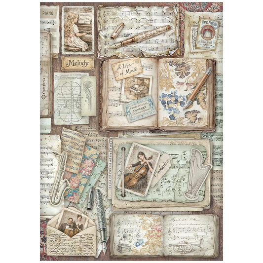 Stamperia  - Rice Paper -  21cm x 29.7cm - A4 - Symphony letters and books