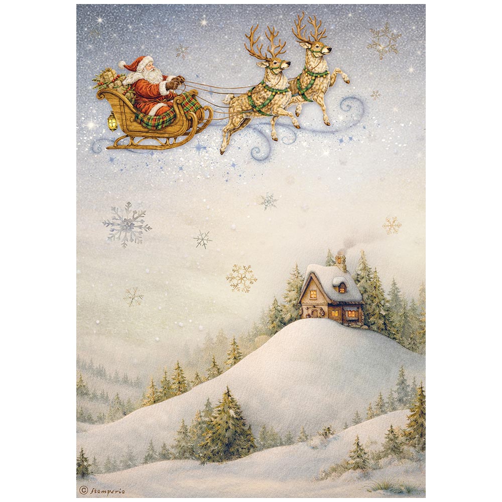 Stamperia  - Rice Paper - 21cm x 29.7cm - A4 - Silent Night Santa Claus and sleigh