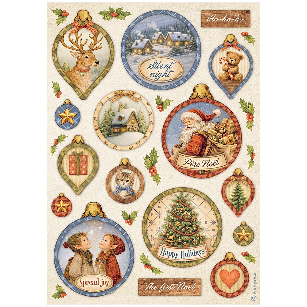 Stamperia  - Rice Paper - 21cm x 29.7cm - A4 - Silent Night Christmas balls