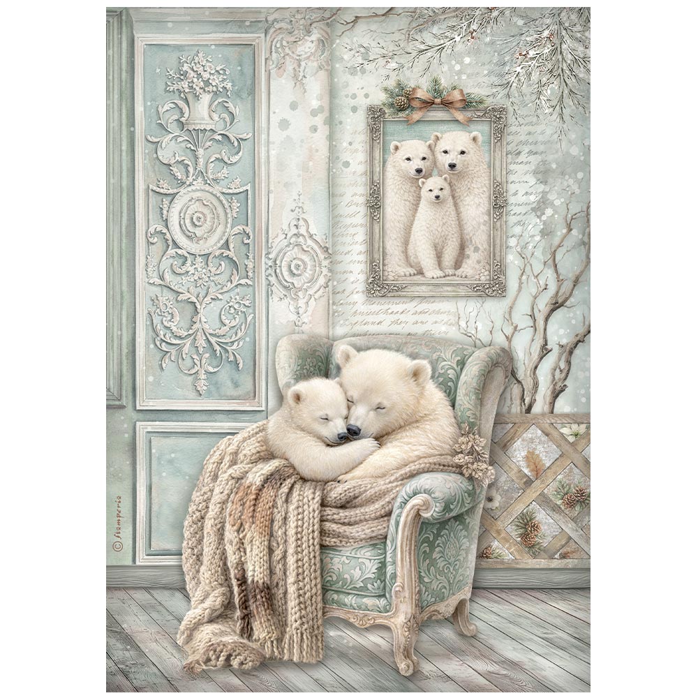 Stamperia  - Rice Paper -  21cm x 29.7cm - A4 - White Christmas cozy bears
