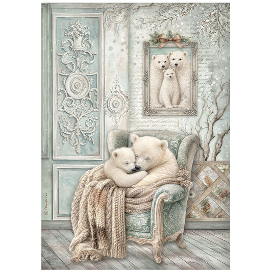 Stamperia  - Rice Paper -  21cm x 29.7cm - A4 - White Christmas cozy bears