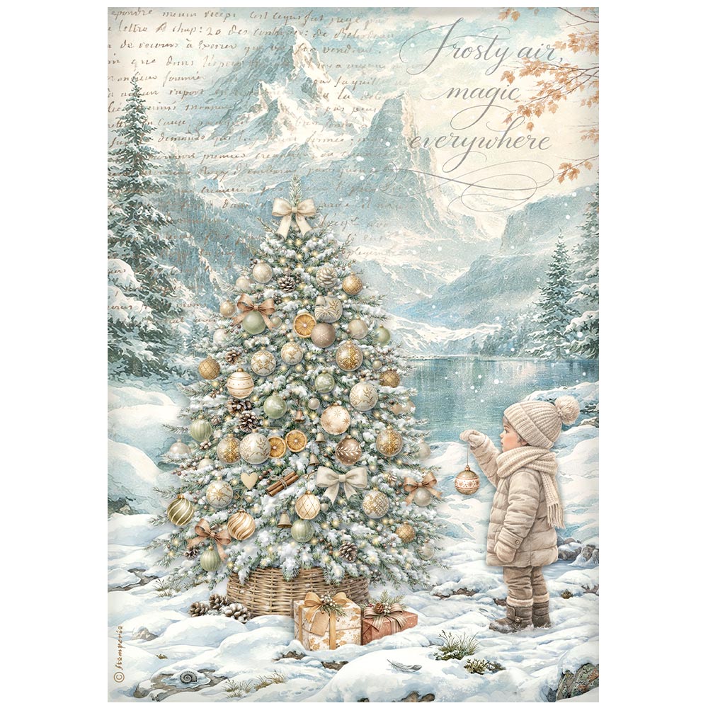 Stamperia  - Rice Paper -  21cm x 29.7cm - A4 - White Christmas tree by the lake