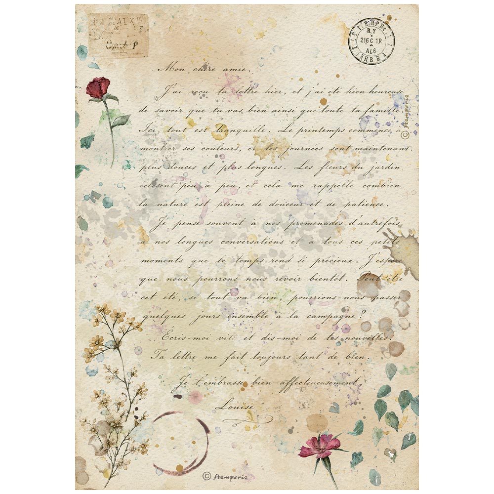 Stamperia  - Rice Paper - 21cm x 29.7cm - A4 - Flowers and Poems handmade letter