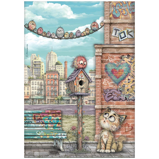 Stamperia  - Rice Paper -  21cm x 29.7cm - A4 -Furry Friends 2 nest cat & birds