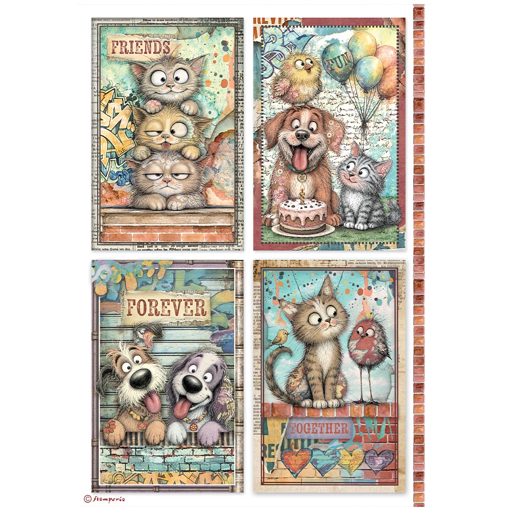 Stamperia  - Rice Paper -  21cm x 29.7cm - A4 -Furry Friends 2 funky cards