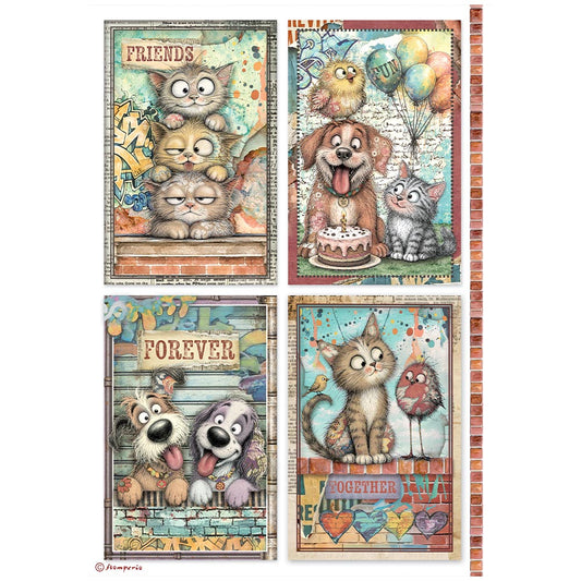 Stamperia  - Rice Paper -  21cm x 29.7cm - A4 -Furry Friends 2 funky cards