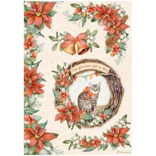 Stamperia  - Rice Paper -  21cm x 29.7cm - A4 -  All Around Christmas - Garland with cat