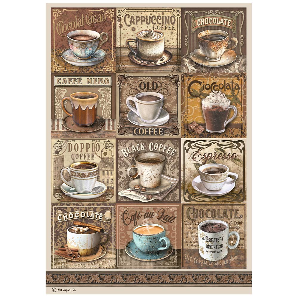 Stamperia  - Rice Paper -  21cm x 29.7cm - A4 - Coffee and Chocolate tags with cups