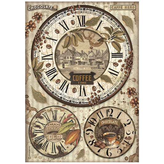 Stamperia  - Rice Paper -  21cm x 29.7cm - A4 - Coffee and Chocolate Clocks