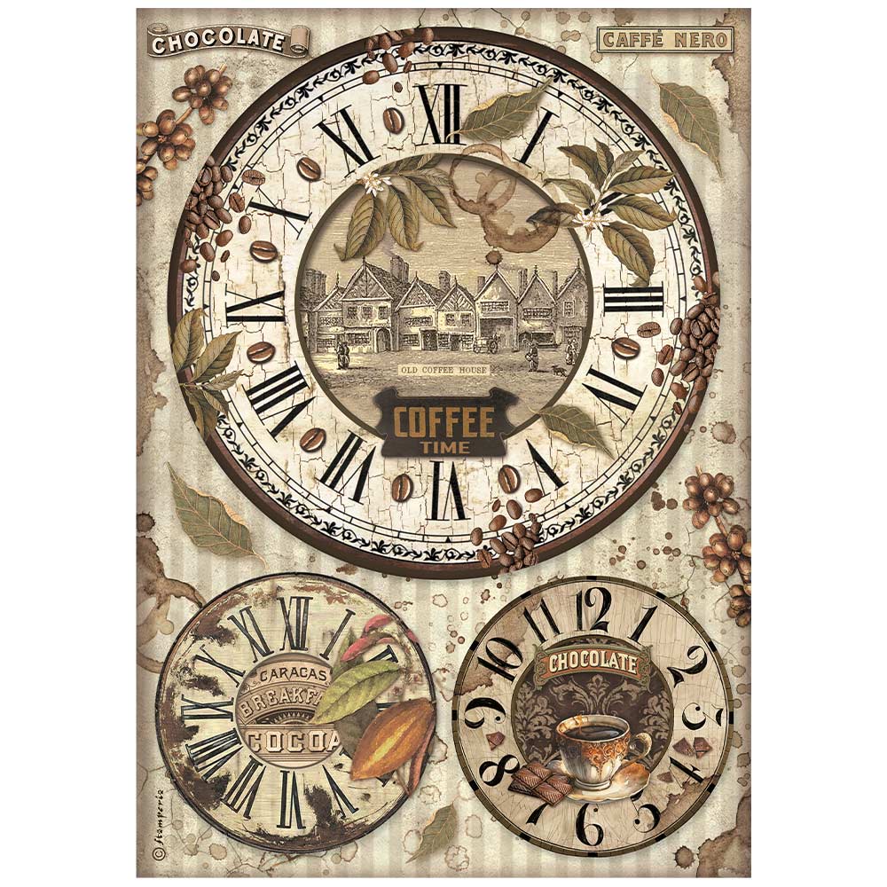 Stamperia  - Rice Paper -  21cm x 29.7cm - A4 - Coffee and Chocolate Clocks