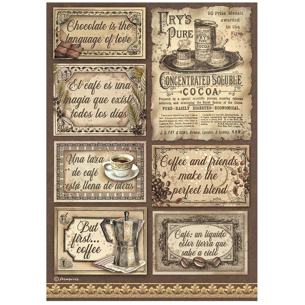 Stamperia  - Rice Paper -  21cm x 29.7cm - A4 - Coffee and Chocolate Labels