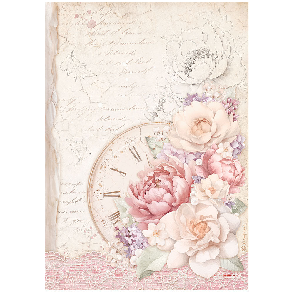 Pre order Stamperia  - Rice Paper -  21cm x 29.7cm - A4 -  Romance Forever - Clock